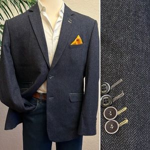 CAVANI BLAZER SIZE 48 BLUE HERRINGBONE SPORT COAT WOOL POLYESTER SUIT JACKET